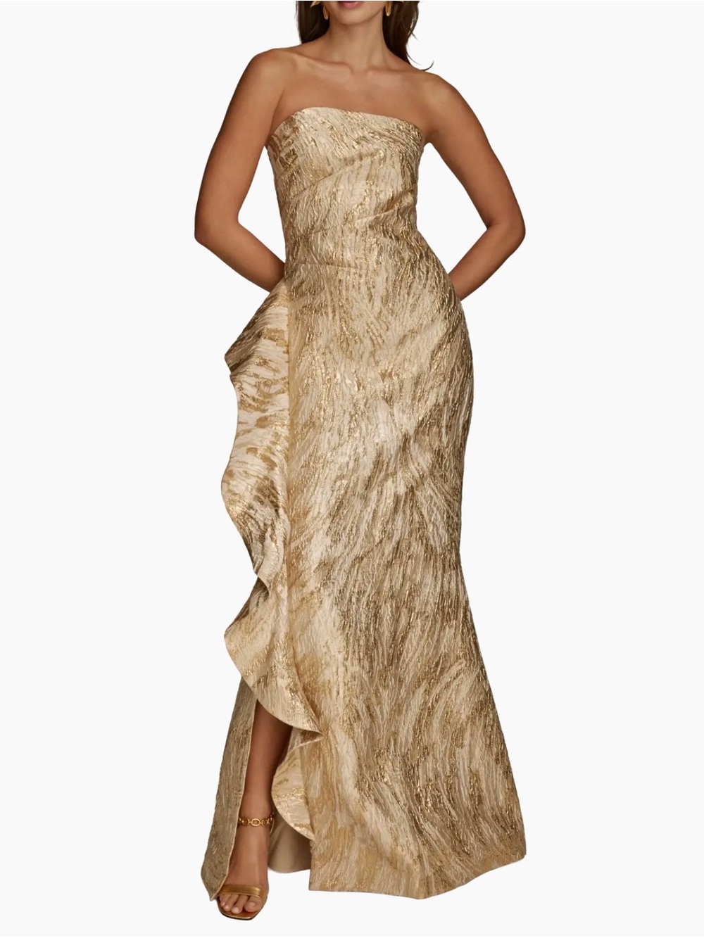 Donna Karan Brocade Ruffle Gown in Champagne (Petite)